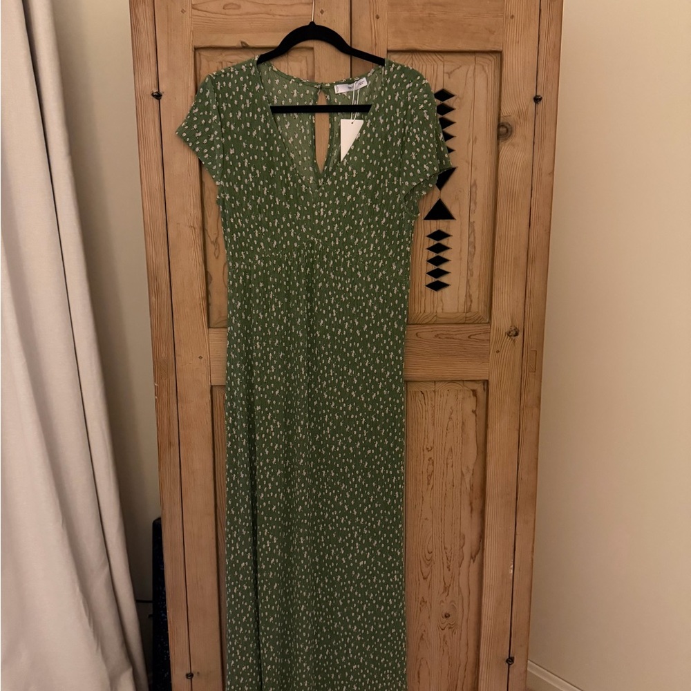 Mango Olive Green Printed V-Neck Maxi Dress